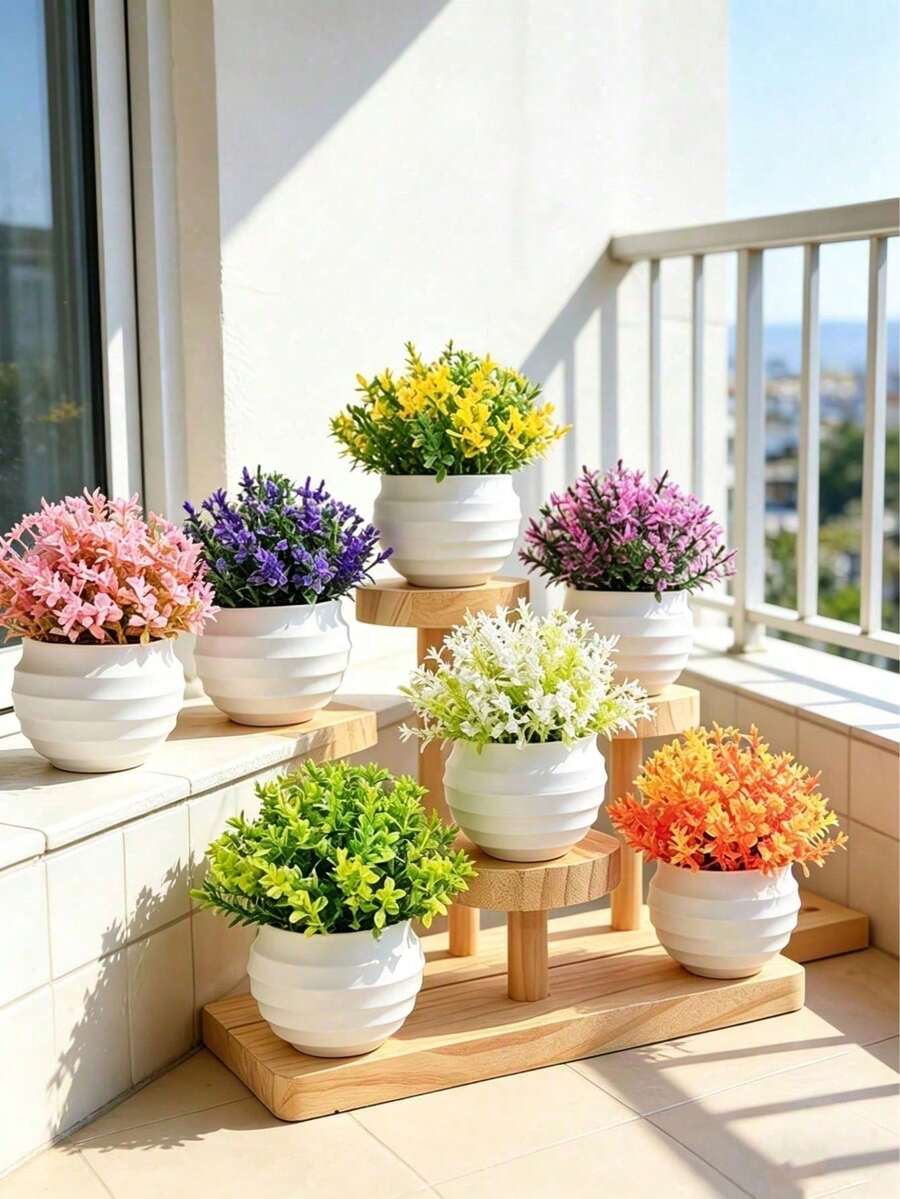 4/2/1p Artificial Small Flowering Green Plants, Artificial Potted Plants, Artificial Mini Bonsai With White Vase, Plastic Flower Potted Landscape, Suitable For Office, Yard, Balcony Decoration, Home Decor, Garden, Living Room, Dining Table, Kitchen