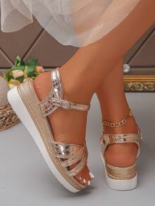 Women's Wedge Platform Sandals With Buckle Strap, Fashionable Versatile Height-Increasing Sandals For Summer Beach - Champagne - View 6