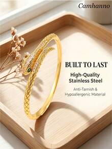 Camhanno 2pcs Premium Snake-Shaped Bracelet And Ring, Stainless Steel And Copper Plated 18K Gold, Skin-Friendly, Anti-Allergic, Waterproof, Sweat-Resistant, Bath-, Exquisite Scale Texture Design Luxury Jewelry - Gold - View 4