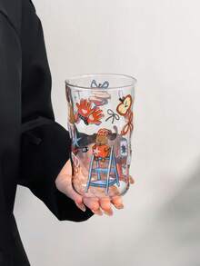 1個春季小/大號玻璃杯，韓系可愛Ins風高溫烘花手持玻璃杯，貓/狗/多色圖案，適合夏季冷萃、抹茶椰奶 - 彩色 - 查看 23