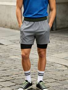 Grey & Black 2-In-1 Quick-Dry Sports Shorts, Outer Layer Ice-Cool Quick-Dry Fabric, Split Hem Enhances Freedom Of Movement. Summer - Grey - View 4