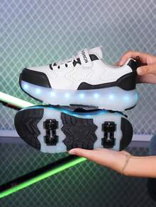 Unisex LED Rechargeable Light-Up Shoes, Children's Roller Skates, Multi-Function Transformable Roller Shoes, Suitable For All Seasons, With Detachable Wheels, Ideal For Outdoor And Sports Skating - Black - View 8