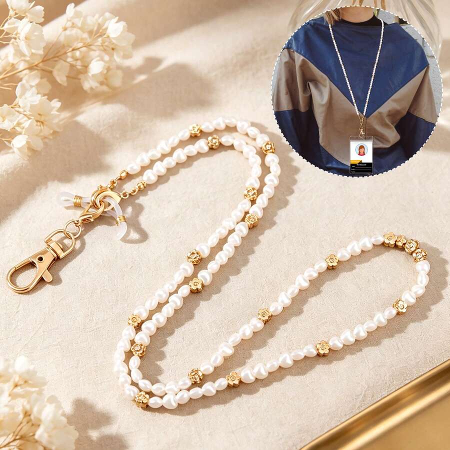 Multi-Functional Pearl Lanyard Neck Strap, Faux Baroque Pearl Beaded Elegant Glasses Chain & ID Badge Holder Hanging Cord, Anti-Lost Eyeglass Strap Fo - Multicolor - View 1