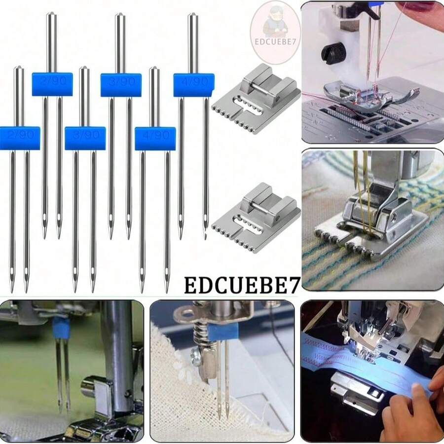 EDCUEBE7 3件/9件不锈钢缝纫机针，缝纫双针，双弹力针，3种混合尺寸2.0/90、3.0/90、4.0/90（随机颜色，随机收纳盒款式）