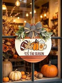 3D Rustic Wooden Autumn Football Season & Halloween Door Hanging Round Wreath Sign, Autumn Decor, Perfect For Porch Decoration, Home Indoor Seasonal Decor, Holiday Decor Wreath, Perfect Autumn Home Decor - Multicolor - View 8