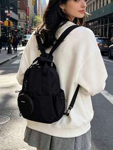 Women's Minimalist Solid Color Nylon Backpack With Strap, Lightweight Waterproof Business Commute Daily Backpack, Multi-Pocket Large Capacity Casual Backpack Suitable For Office Work Travel School - Black - View 10