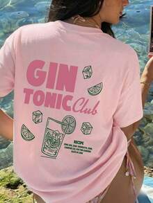 1件女款夏季寬鬆短袖T恤上衣，GIN TONIC Club 金酒與鮮檸檬汁酒杯、檸檬片印花圖案T恤，度假休閒粉色 - 粉色 - 查看 2
