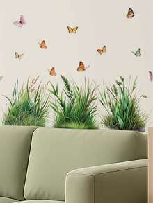 1pc Fresh Natural Grassland Butterfly Wall Sticker, Self-Adhesive Removable PVC, Baseboard Decorative Sticker, Watercolor / Illustration Dual Styles Optional, Bedroom Living Room Wall Beautification Tool, Baseboard, Wall Corner, Wall Blank Space Decoration. - Wall Stickers - View 2