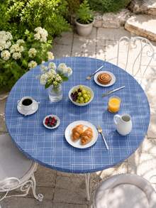 1pc-Blue Plaid Round Elastic Fitted Table Cover, Classic Checkered Stretch Polyester Tablecloth With Elastic Edge, Washable Snug Fit Table Cover For Patio Poolside Dining, Kitchen, Picnic, Indoor Outdoor Use - Multicolor - View 4
