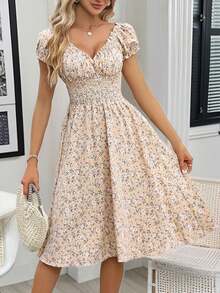 Vestido maxi con escote en V, cintura anudada y estampado floral menudo para mujer - Caqui - Ver 1