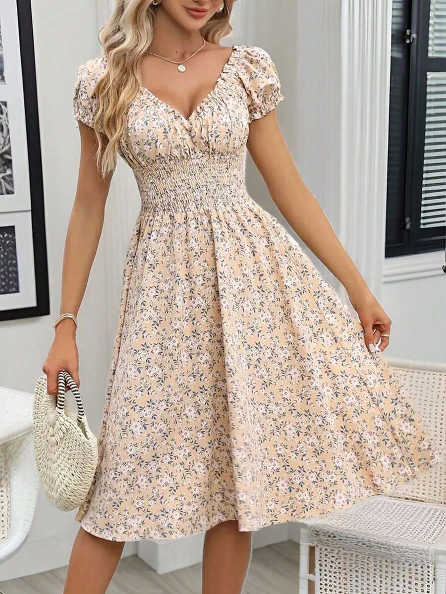 Vestido maxi con escote en V, cintura anudada y estampado floral menudo para mujer - Caqui - Ver 1