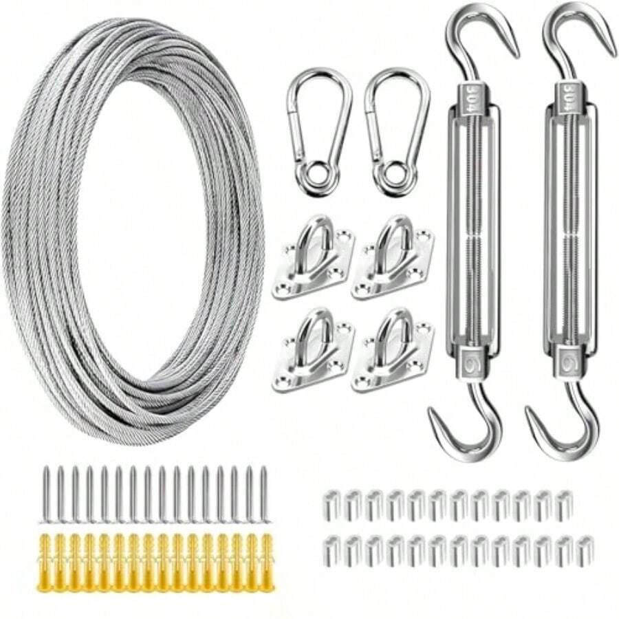Shade Sail Hardware Kit With 50 Feet Cable Wire Rope, Anti-Rust Stainless Steel Stainless Steel Sun Shade Hardware Kit For Rectangle Square Triangle Shade Sail Installation 66 PCS - Silver - View 1