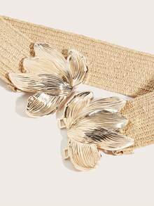 1pc Bohemian Summer Woven PP Straw Women's Waist Belt, Gold Flower Buckle Khaki Elastic Waist Belt, Boho Belt, Waist Trainer, Brown Belt, Belts For Women Dress, Accessories For Women, Match With Dresses, Casual Wear, Suitable For Vacation, Beach Party, Festival Gathering, Music Festival, Summer - Flower Buckle - View 5