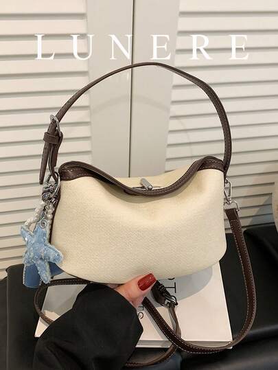 Tas Selempang Wanita Baru Warna Beige & Cokelat dengan Blok Warna Kanvas dan Gantungan Bintang Laut, Tas Bahu & Selempang, Tas Dumpling Warna Kontras Vintage Baru 2026, Tas Kerja & Sekolah Harian Kasual Serbaguna Kapasitas Besar, Tas Tangan dengan Gesper Tepi Kulit Lembut, Tas Persegi Kecil Bertekstur, Cocok untuk Perjalanan, Kencan & Bepergian