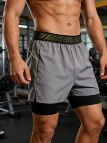 Grey & Black 2-In-1 Quick-Dry Sports Shorts, Outer Layer Ice-Cool Quick-Dry Fabric, Split Hem Enhances Freedom Of Movement. Summer - Grey - View 5