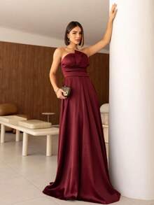 Elegant Women's Long Strapless Dress, A-Line Silhouette, With Draping At The Waist And A Thigh Slit Detail, Perfect For Parties. - 酒紅色 - 查看 1