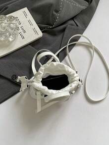Bolso de mano mini de mujer con cordón de PU de unicolor, bolso bandolera pequeño con forma de concha de color metálico de moda - Blanco - Ver 6