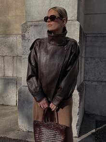 Women's PU Leather Zipper Aviator Jacket, Street Style Outdoor Wear, Faux Leather Black Red Jacket Fall - Mocha Brown - View 5