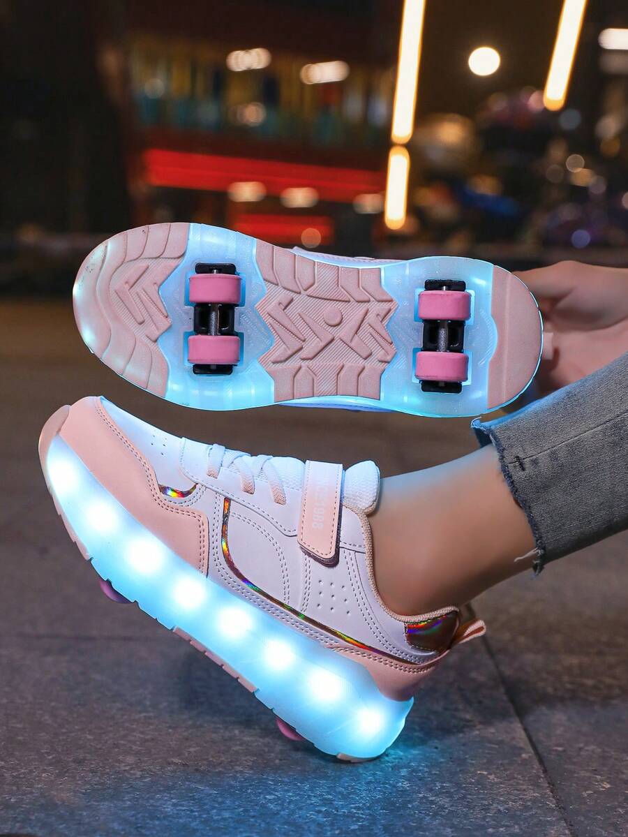 女童 LED 充電發光輪滑鞋，兒童輪滑鞋，多功能可變形輪滑鞋，適合四季穿著，附可拆卸輪子