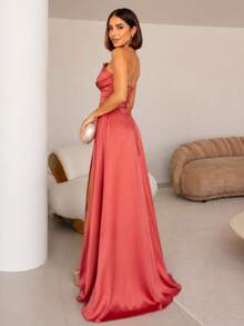 Elegant Women's Party Dress, Strapless, A-Line Cut, With A Fitted Draped Waist And Thigh Slit, Perfect For Parties Or Bridesmaid Events. - 珊瑚橙 - 查看 4