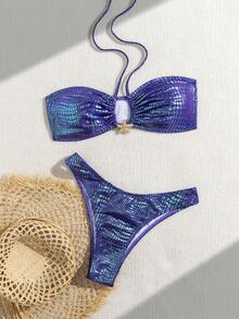 wohenmeili New Stylish Shiny Fabric Two Pieces Bikini Decorated With Cute Star Ornaments, Unique Swimwear For Beach Parties Vacation - Dark Purple - View 3