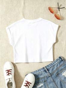 Summer Pure Cotton Girls' Rolled Sleeve Short T-Shirt, Cute Capybara Graphic Print, Soft Breathable Loose Fit Comfortable - White - View 3