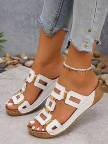 Women's Vacation Fashion Versatile Casual Home & Outdoor Wear Thong Wedge Platform Floral Slides Sandals Beach Shoes - White - View 4