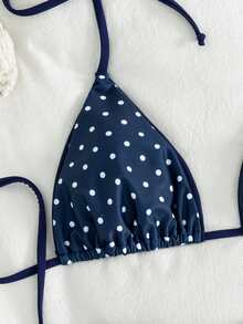 Women's Leopard Print Halter Neck Tie Sexy Bikini Set, 2025 Summer Beach Vacation Style - Navy Blue and White Dots - View 5