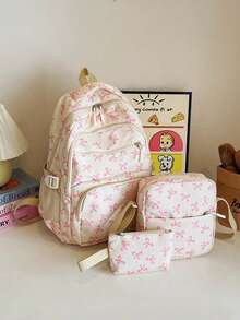 Women's 3-Piece Backpack Set, Pink Bow Print, Nylon Fabric, Multi-Pocket Design, Casual Style, Suitable For School, Travel And Daily Use - Multicolor - View 13