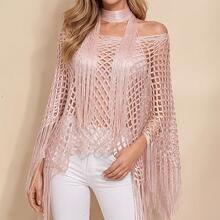 2PCS Women's Fashion Hollow Out Sun Protection Shawl And Scarf Set, Tassel Design Pullover Beach Cover-Up, Suitable For Casual Outings, Parties, Beach Vacations, Hand Washable, Perfect Holiday Outfit - Multicolor - View 4