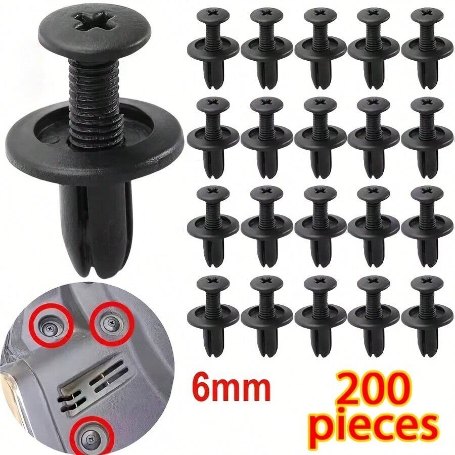 200pcs 6mm Car Plastic Rivet Clips, Bumper Fastener Fixing Clips, Universal Car Door Fender Mudguard Retainers, Suitable For Car Trim, Mudguards, Hood Replacement - 200pcs Fixing Screws - View 1