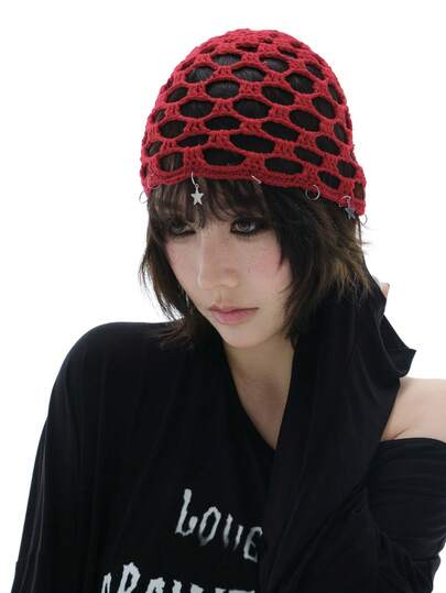 1 chiếc mũ beanie nữ phong cách Bohemian, móc móc họa tiết sao rỗng, mùa hè, thời trang, thoáng khí, quấn đầu casual, không vành, mũ len.