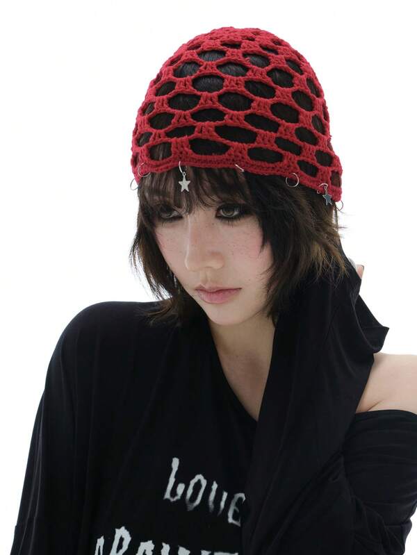 1 Stück Boho-Stil Cut Out Stern-Häkel-Beanie-Mütze für Damen, sommerlich, stilvoll, atmungsaktiv, lässig, Kopfumwicklung, randlose Strickmütze