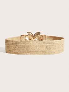 1pc Bohemian Summer Woven PP Straw Women's Waist Belt, Gold Flower Buckle Khaki Elastic Waist Belt, Boho Belt, Waist Trainer, Brown Belt, Belts For Women Dress, Accessories For Women, Match With Dresses, Casual Wear, Suitable For Vacation, Beach Party, Festival Gathering, Music Festival, Summer - Flower Buckle - View 4