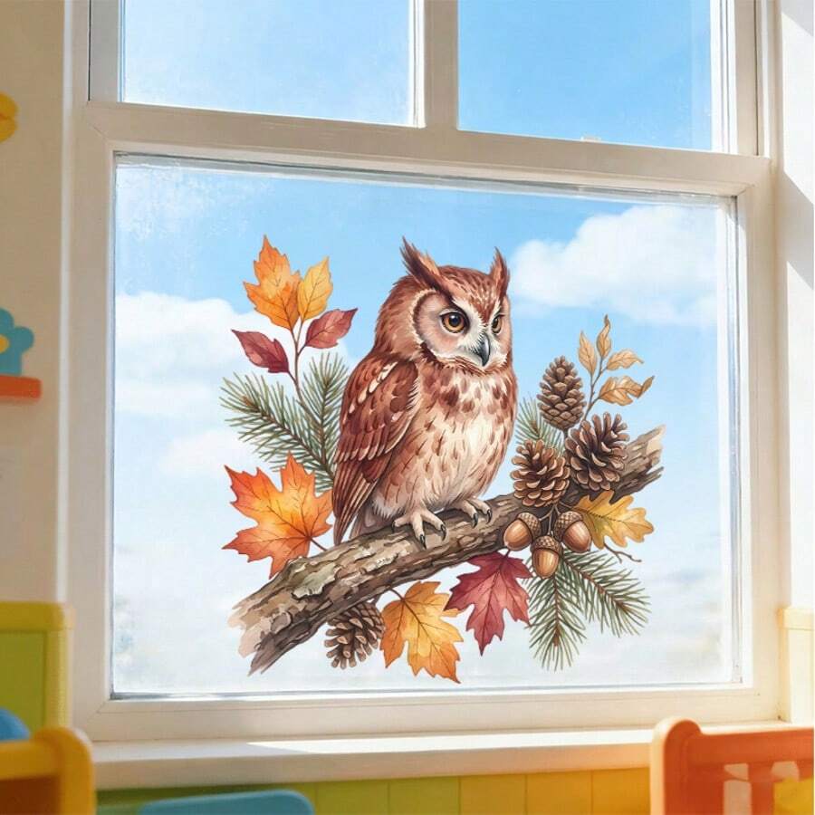 1 pezzo Adesivi per finestre a tema raccolto autunnale, lucidi e trasparenti, autoadesivi, con design giocoso, motivo dettagliato di gufo e foglie autunnali per superfici in vetro, impermeabili e rimovibili, decorazione artistica per la casa