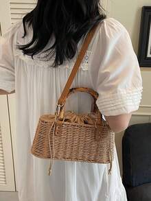 Minimalist Solid Color Straw Woven Bag, Niche Design Premium Texture Handbag, Versatile Popular Retro Crossbody Bag, Suitable For Vacation - Khaki - View 3
