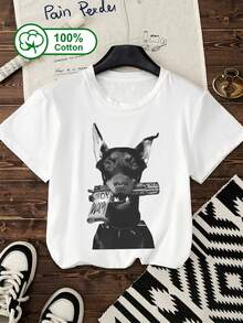Women's Casual Short-Sleeve T-Shirt - 100% Cotton, Featuring A Cartoon Doberman Print. Ideal For Outdoor Wear And Summer Outfits. - White - View 1