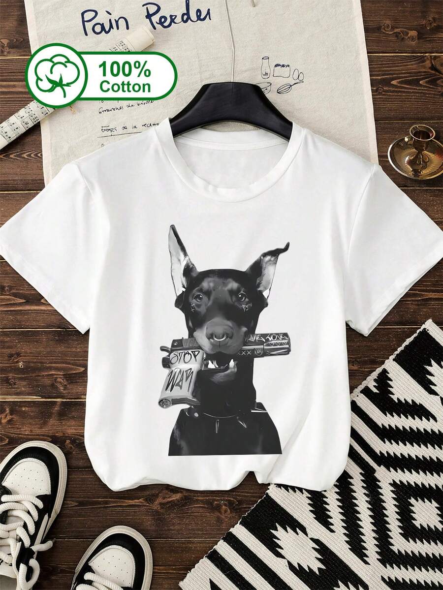 Women's Casual Short-Sleeve T-Shirt - 100% Cotton, Featuring A Cartoon Doberman Print. Ideal For Outdoor Wear And Summer Outfits. - White - View 1