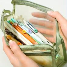 4/1pc Set Morandi Plaid Mesh Pencil Case With Handle And Zipper, Transparent Double Layer Pencil Bag, Travel Makeup Bag, Cute Transparent Stationery Storage Bag, Suitable For Adults, Office, University - Multicolor - View 9