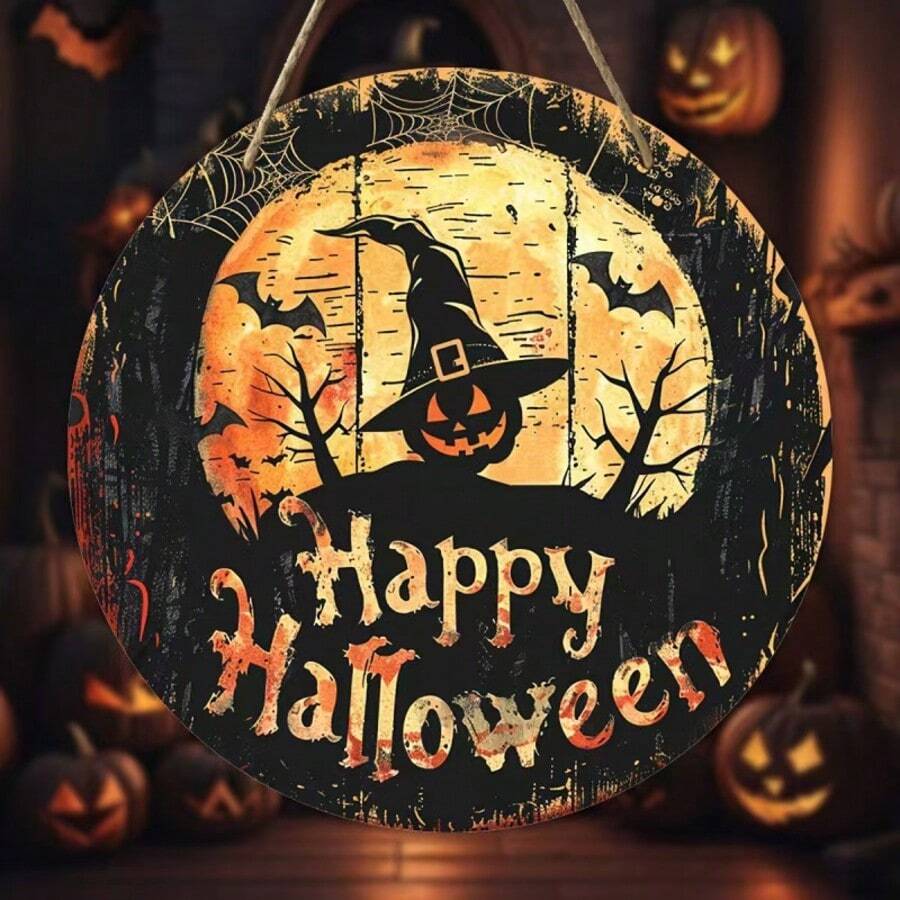 復古鄉村風圓形木製萬聖節吊掛裝飾牌,女巫帽與南瓜設計,Happy Halloween 居家、派對、門口牆面裝飾 - A - 查看 1