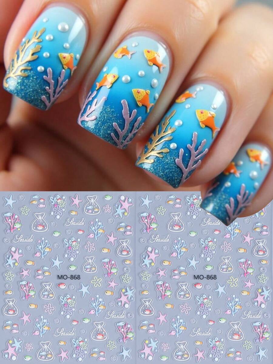 2件裝可愛魚朵珊瑚海洋美甲貼紙,熱帶魚花朵海星夏季美甲貼花,自黏式海洋美甲裝飾,美甲沙龍配件,女性與女孩DIY用品 - 彩色 - 查看 1
