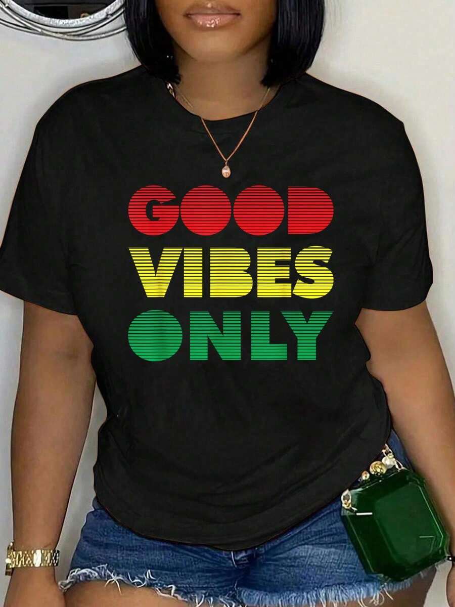 Women's Summer Short Sleeve T-Shirt, Plus Size, Y2K Style, 100% Cotton, Reggae, Good Vibes Only Jamaica One Love Rast A, For Women And Men, Loose Fit, Comfortable And Soft - 黑色 11 - 查看 1