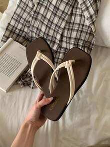 XIXITIAO Color Block Double Strap Flip Flops, Lightweight Slip-On Slippers, Comfy For Beach Vacation Home & Outdoor - White - View 4