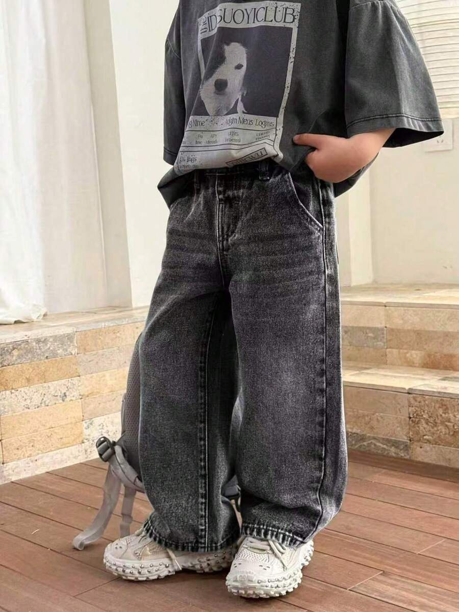 Boys' Fashion Stone Washed Casual Wide Leg Loose Black Denim Jeans - Black - View 1