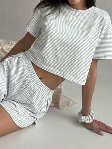 2pcs/Set Conjunto de Ropa de Casa Minimalista con Bloques de Color y Rayas, Top de Manga Larga de Punto Holgado Casual con Abertura Lateral & Shorts, Adecuado para Uso en el Hogar - Gris - Ver 3
