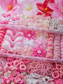 855PCS Pink Sweet Princess Style Girly Hair Accessory Set, Suitable For Girls. Includes Artificial Lily/Double Layer Glitter Butterfly/Pearl Mesh Flower Hair Clips, Rhinestone Heart Crown Bow Rabbit Bangs Clips Side Clips, Mini Claw Clips, Rabbit Ear Hair Ties, Multiple High Elasticity Non-Damaging Basic Hair Ties. Suitable For Daily/Party/Performance Use - Multicolor - View 4