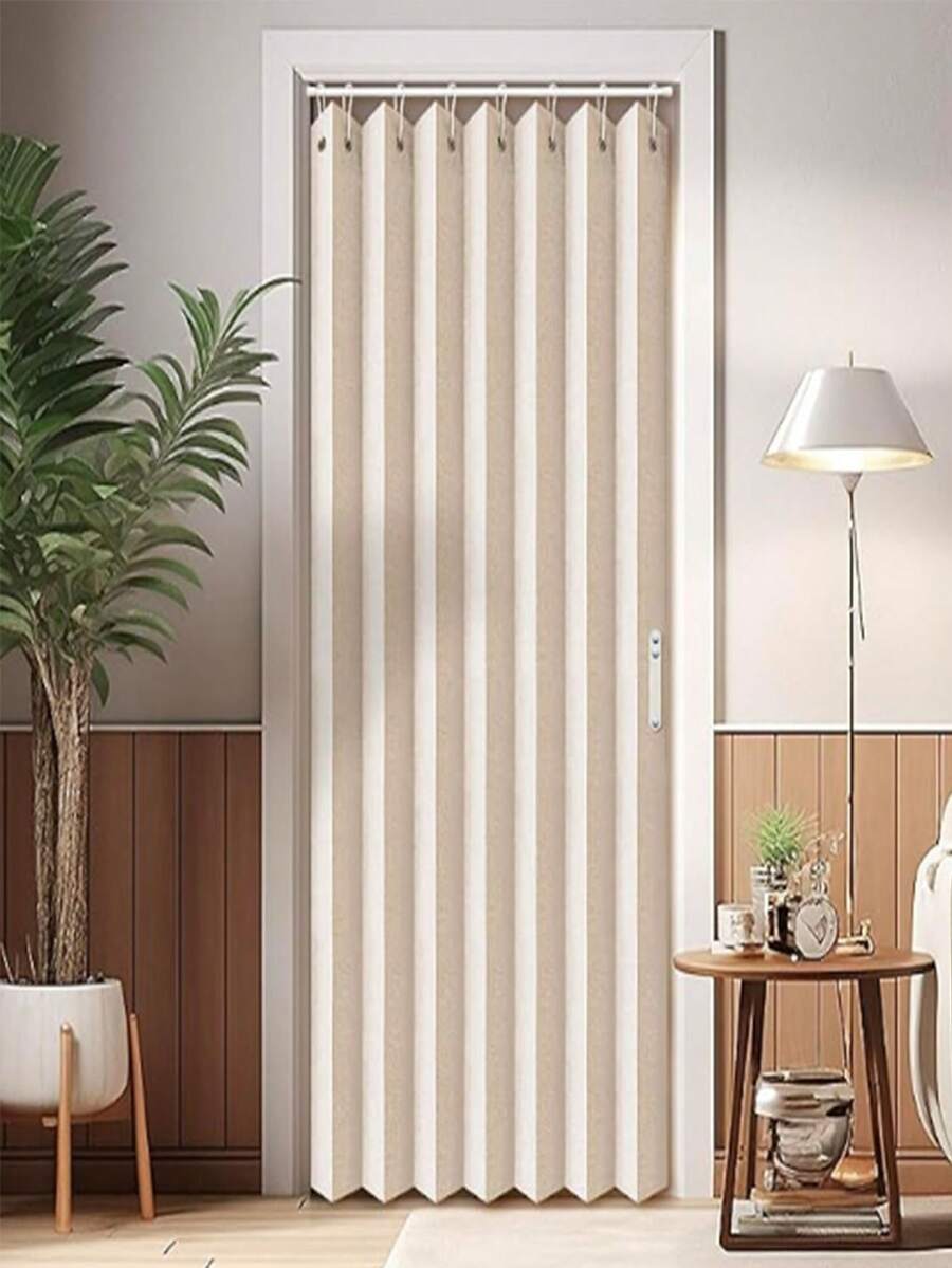 1pc Multifunctional Foldable Door Curtain With Plastic Hooks, No Drilling Required, Room Divider Curtain For Home Use, Suitable For Bedroom, Living Room, Kitchen, Bathroom, Air Conditioner Wind Block, Heat Insulation, Soundproofing, Privacy Protection, Fabric Folding Design, Sliding Style, Easy Installation Without Damaging Walls, Smooth Folding Design With Minimal Space Occupancy, Modern