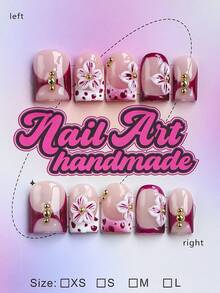 10pcs Square Shaped Handmade Nail Tips, Y2K Baddie Style, Nude, Pink, Gold Nail Plates With French Tips, Carving Craft, Steel Beads, Bubble Beads, Asymmetric Liquid Metal, Cat Eye Elements Design, Pure Handmade Nail Tips, Suitable For Women And Girls, Glitter Nail Plates, 3 Sizes Available, Suitable For Parties, Proms, Daily Wear, Comes With Tool Kit, Can Be Given As A Gift To Women And Girls Nails Handmade Press On Nails - Violet Purple - View 1
