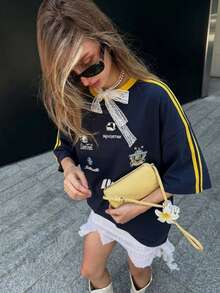 Women's Loose Striped Colorblock Letter Print Short Sleeve T-Shirt, Versatile Baseball Style Tee For Summer And Autumn, Commuter Outfit - Navy Blue - View 4