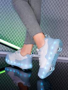 Unisex LED Rechargeable Light-Up Shoes, Children's Roller Skates, Multi-Functional Transformable Inline Skates, Suitable For All Seasons, With Detachable Wheels, Ideal For Outdoor And Sports Skating - White - View 6